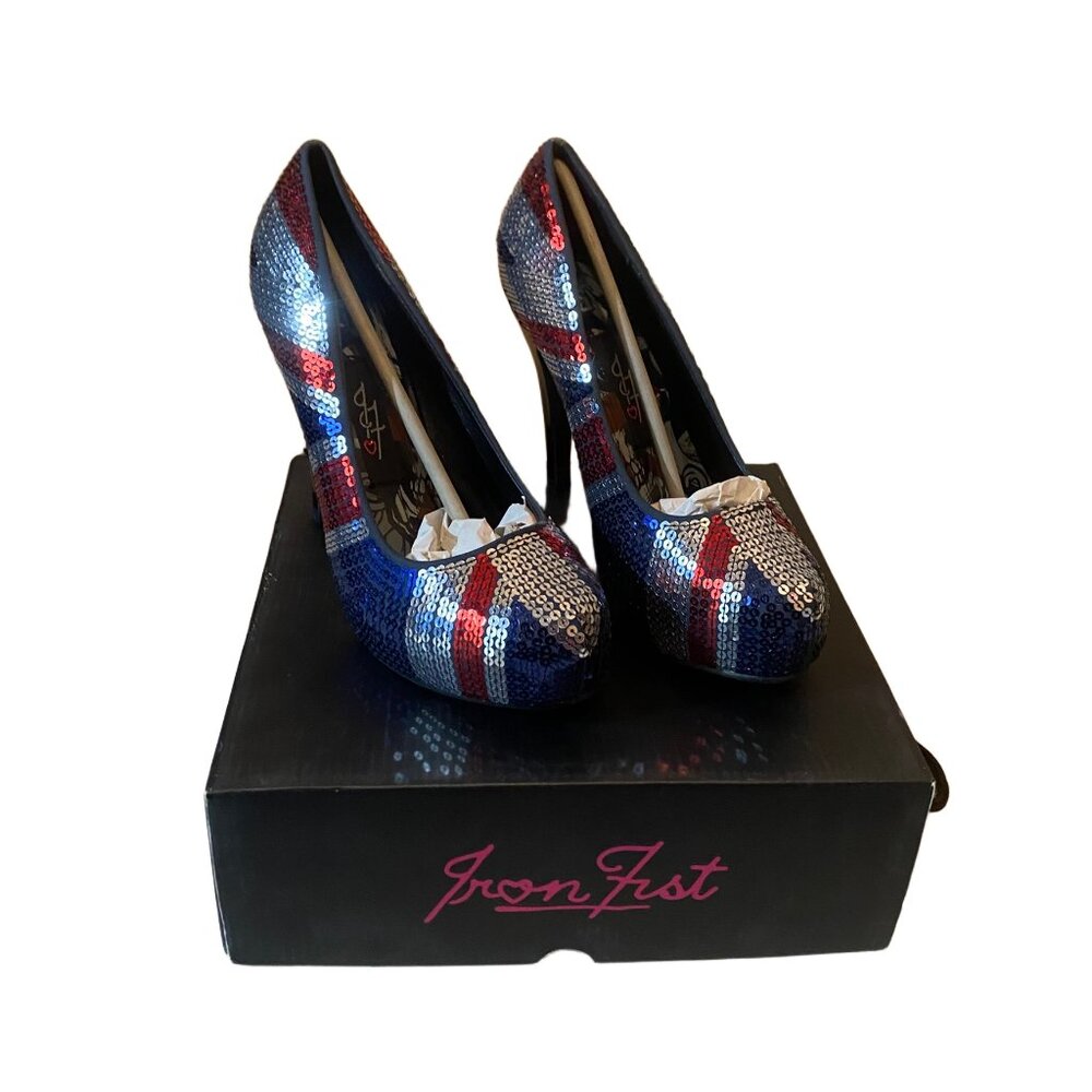 RARE Iron Fist Sequinned British Flag Union Jack Heels – Size 8